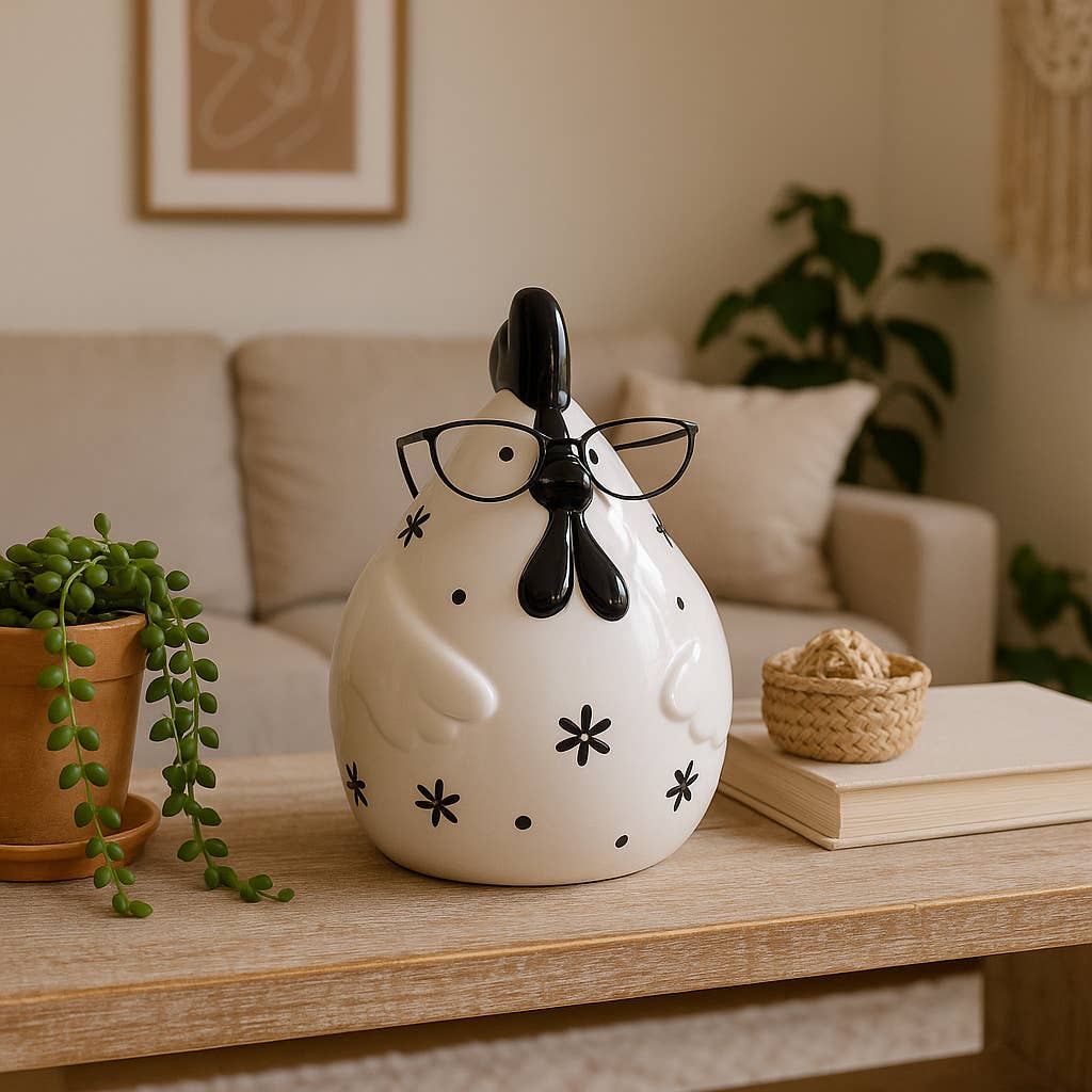 Figurine - Black/White Chubby Rooster with Glasses,  7 in.