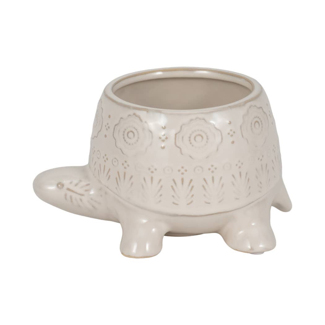 Decorative Planter - White Ceramic Shaped Turtle, 7 in.