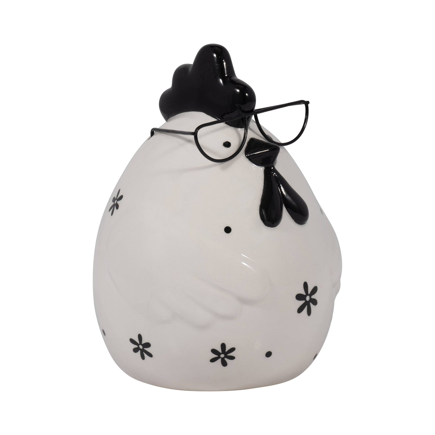 Figurine - Black/White Chubby Rooster with Glasses,  7 in.
